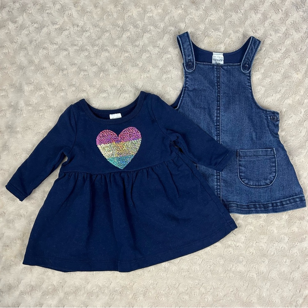 Carter’s Baby Girl Dress Bundle Size 3 Months Denim Jumper Sequin Heart - Picture 1 of 5